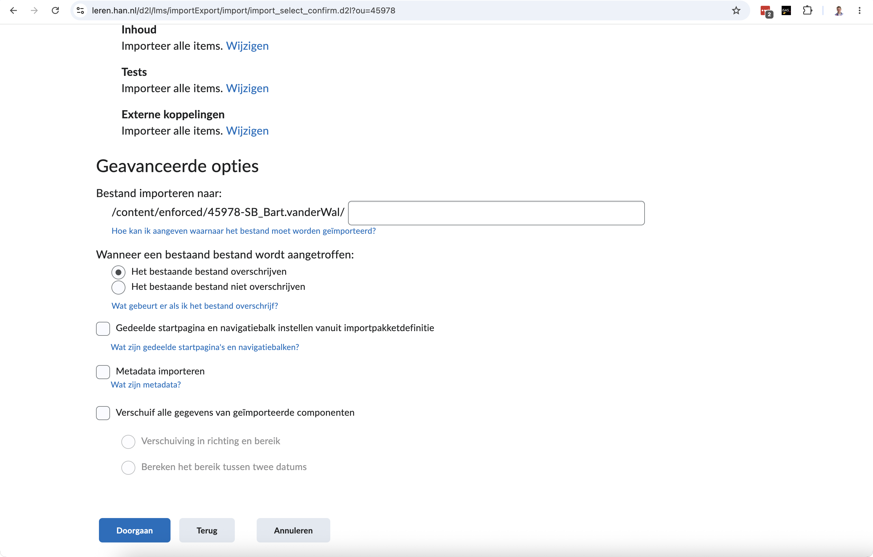 Brightspace import screen with the option to overwrite existing files