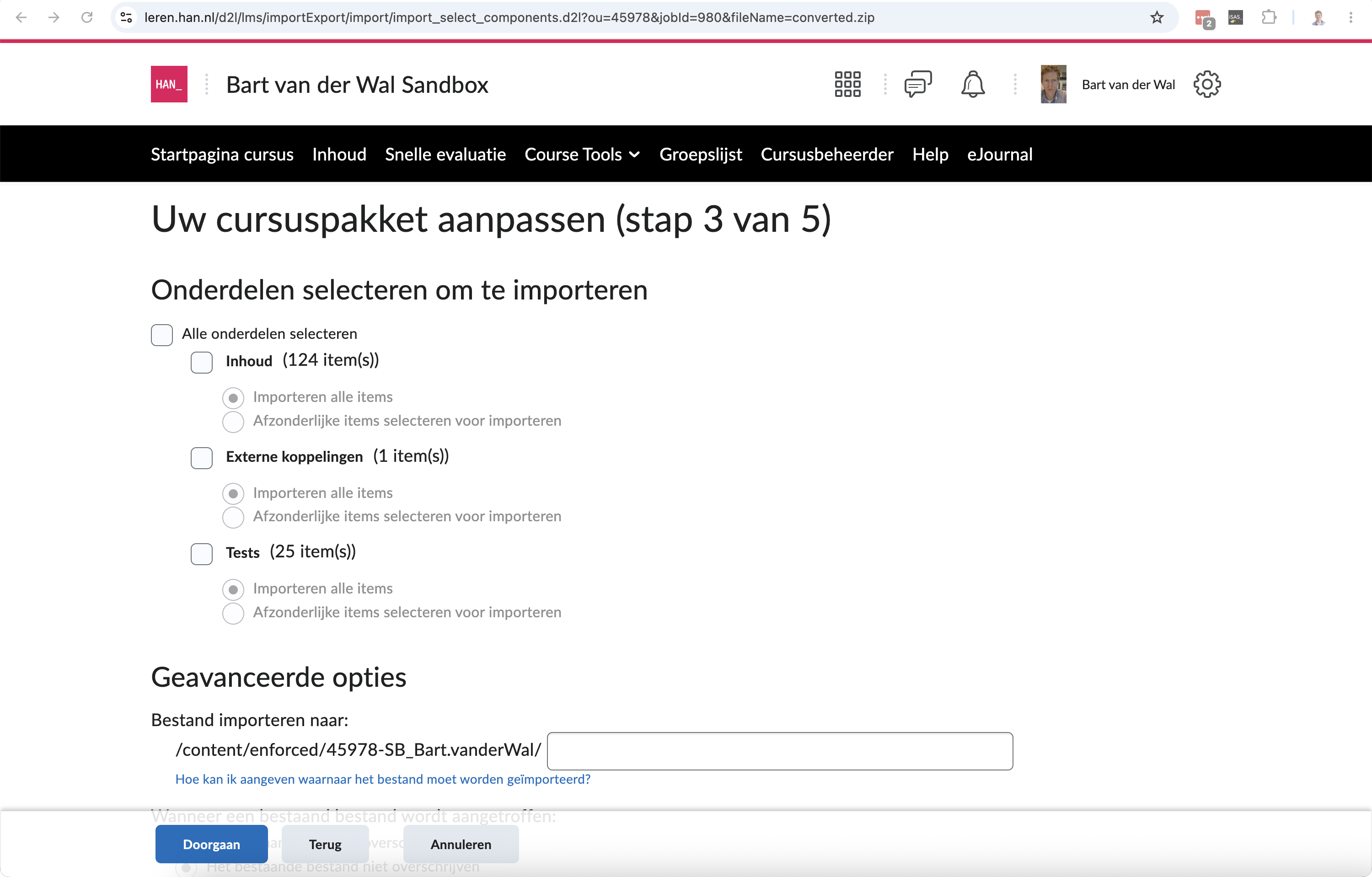 Brightspace import screen for selecting components