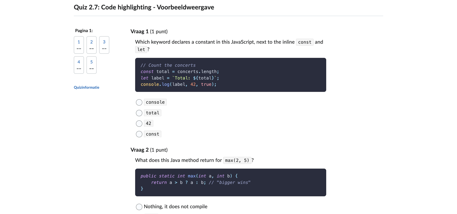 Brightspace quiz preview with highlighted JavaScript and Java code blocks and inline code in questions and answer options