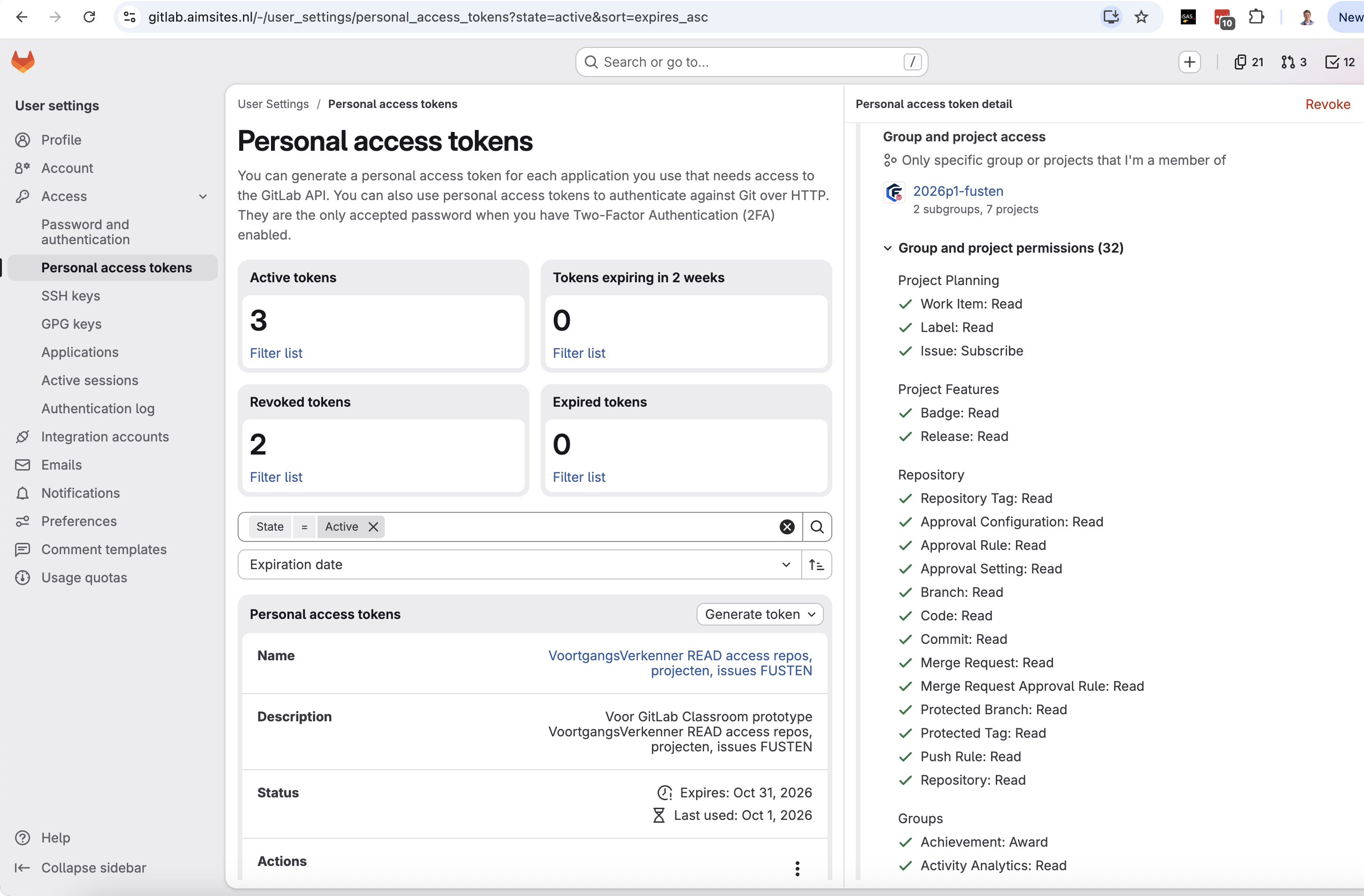 GitLab fine-grained personal access token for the Voortgangsverkenner, limited to the course group with read-only permissions