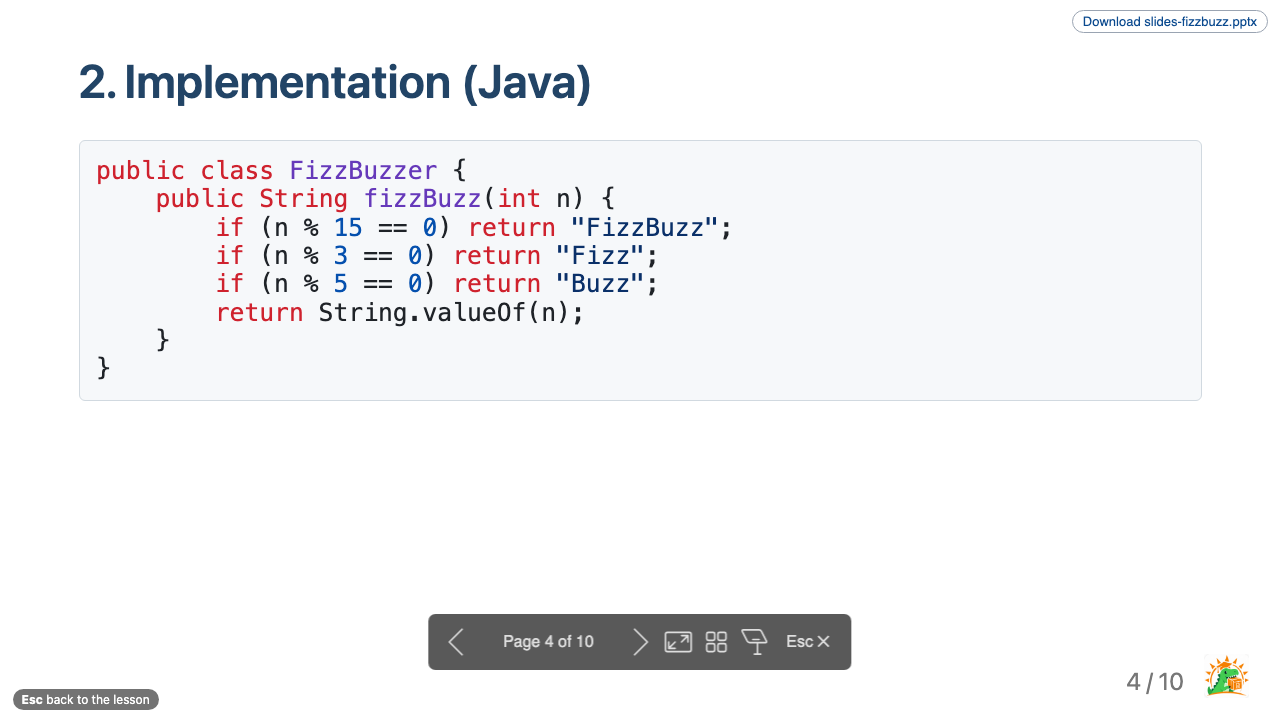 A content slide with a title at the top and a Java code block